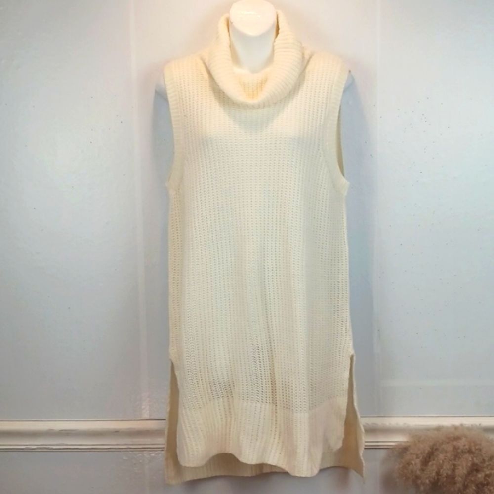Women Ivory cowl neck sleeveless tunic length knit Lagenlook Boho sweater sz 12